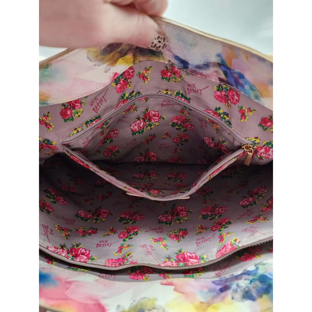 Betsey Johnson Tote Bag with Matching Wallet Floral Scarf Detail Nude Tan Used